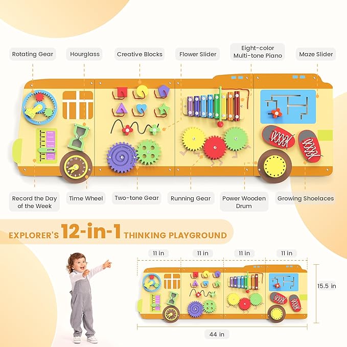 BlueWood School Bus Wall Busy Board Panels, Toddler Learning Activity Center, Montessori Philosophy Sensory, Educational Toys, Conducive to All-Round Development