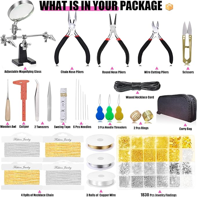 MONVICT Jewelry Making Supplies Kit with Jewelry Making Tools, Findings, Necklace Chain, Jewelry Wires, Adjustable Magnifier, Carry Bag, Meet All The Needs of Jewelry Making, Repair, Beading