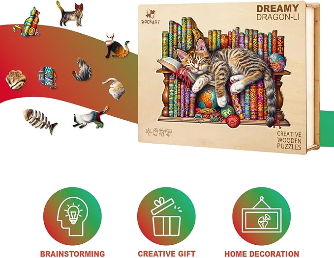Wooden Puzzles for Adults - Dreamy Cat Wooden Jigsaw Puzzle - Unique Animal Shaped Wood Puzzles Adult - Christmas Birthday Gifts for Adults/Friends/Family - 190pcs 11.4 * 9.2in
