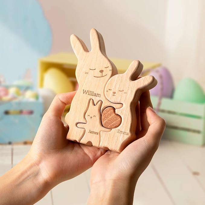 Bunny Family Puzzle, Personalized Wooden Puzzles with 2–5 Names, Easter Gifts for Kids, Rabbit Toys Easter Anniversary Wedding Gifts for Women Men Family Couple