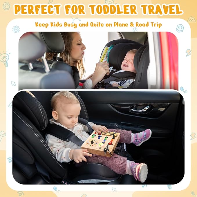 Busy Board with Led Light, Montessori Toys for 1-3 Years Old Boys Girls Wooden Toddler Toys Birthday Gift Educational Toys for 1+ Year Old, Toddler Travel Toy Sensory Toys for Kids with Autism