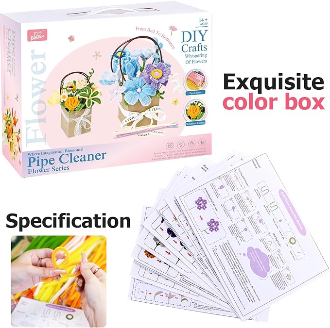 Pipe Cleaners Craft, Multi-Colored Pipe Cleaners Kit, Chenille Stems for DIY Flower Making Kit with Floral Wires, Come with Flower Base, Ideas for Party & Home Decor (A14)