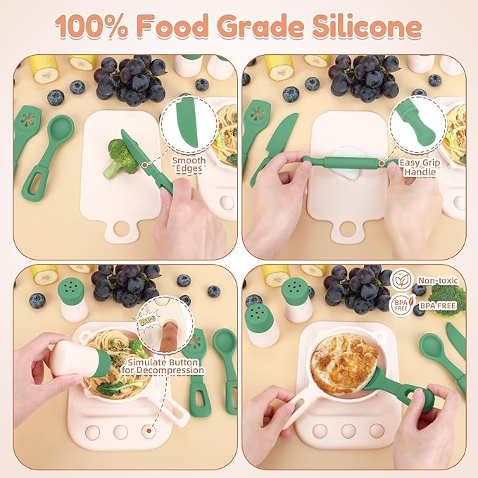 TYRY.HU Play Kitchen Accessories, 11Pcs Pretend Play Toys, BPA Free Silicone Play Kitchen Set, Pretend Play for Toddlers 1-3, Pretend Cooking Playset Cookware Utensils Gifts for Kids Girls Boys, Green