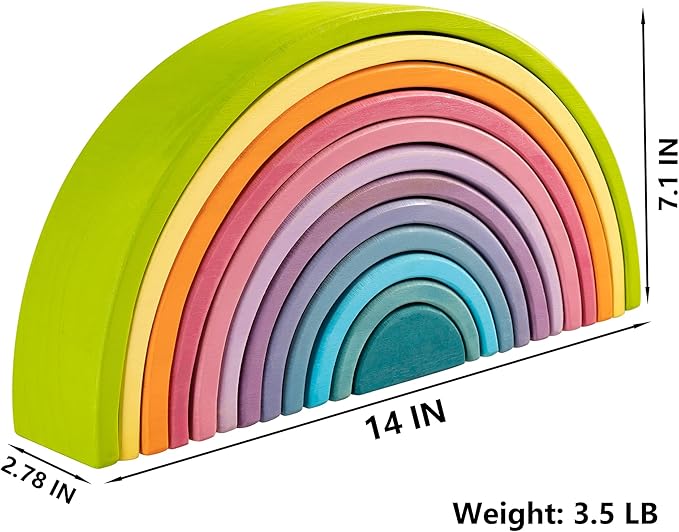 Wooden Rainbow Stacking Toy, 12 Piece Stacker, Extra Large Nesting Puzzle Building Blocks, Educational Toys for Kids Toddlers