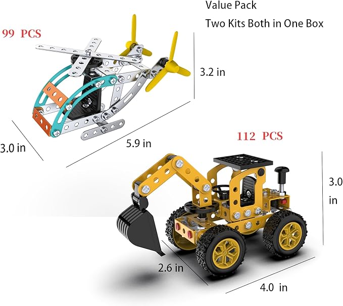 Building Sets Stem Assembly Toys Metal 3-D Puzzle Excavator and Plane Model Value Bundle: 2 Kits | 1 Box Parent-Child Interaction Construction Sets Gifts for Kids 8-16