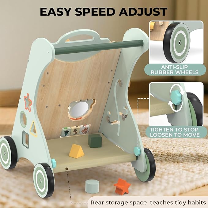 Wooden Baby Walker, Adjustable Speed Baby Push Walker for 1 Year Old, 10-in-1 Montessori Walker for Boys & Girls, Toddler Sit-to-Stand Learning Toy with Detachable Busy Board