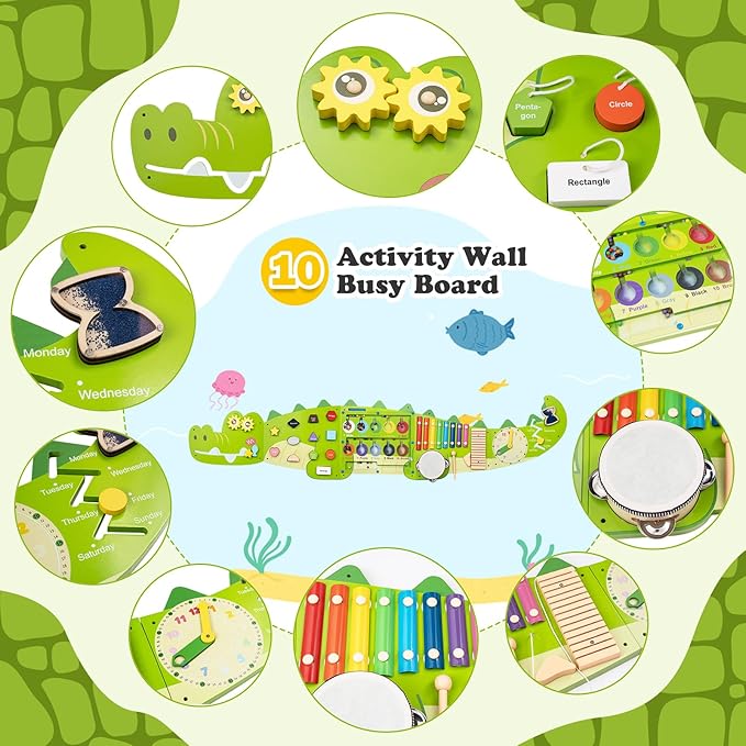 Weihnacht Crocodile Wall Busy Board Panels,11-in-1 Montessori Sensory Toys, Toddler Learning Activity Center,Montessori Philosophy Sensory, Educational Toys, Conducive to All-Round Development