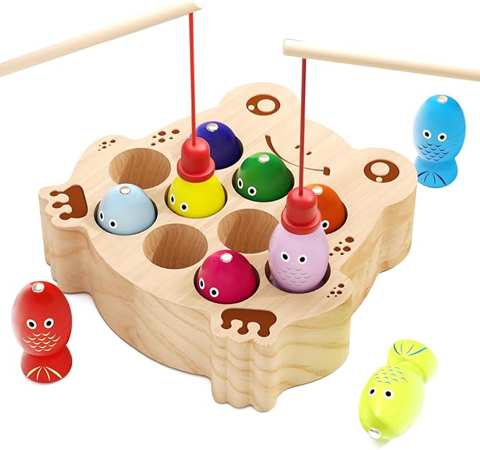 Wooden Magnetic Fishing Game for Toddlers 1-3, Frog Fishing Color Sorting Montessori Sensory Preschool Educational Learning Fine Motor Skills Toys for 3 4 5 Years Old Boys Girls