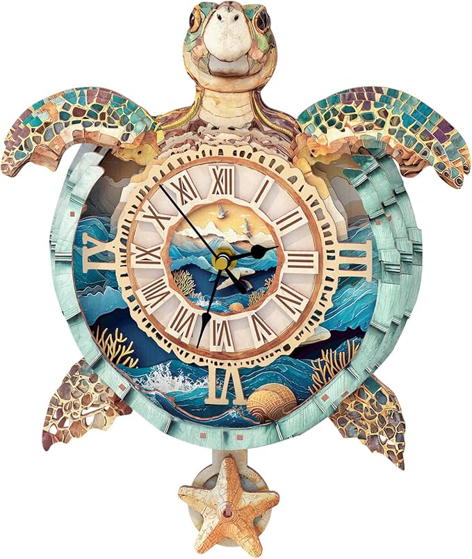 3D Puzzle for Adults Clock - Sea Turtle Clock Design Model Kit-Mechanical DIY Pendulum Clocks with Roman Numerals-Desk Home Office Decor Personalized Gift for DIY Lovers