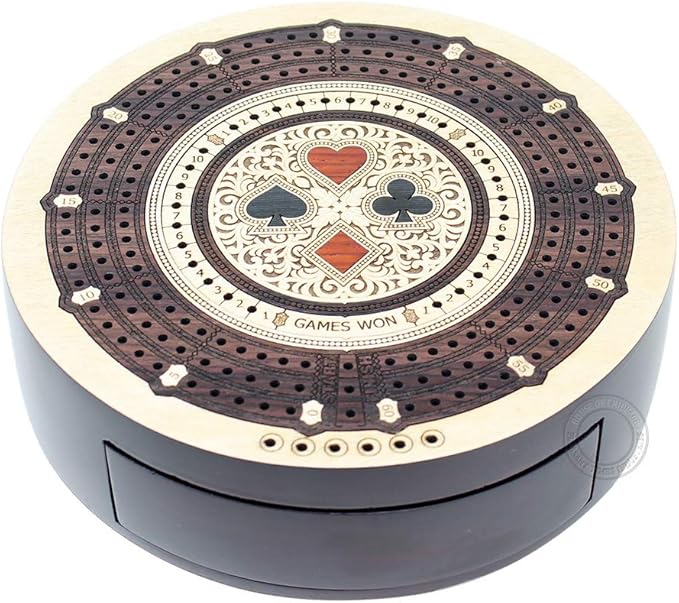 House of Cribbage - Round Shape 3 Track Non-Continuous Cribbage Board - Push Drawer Storage for Pegs and 1 Deck of Cards with Score Marking Fields for Won Games (Maple Wood/Rosewood)