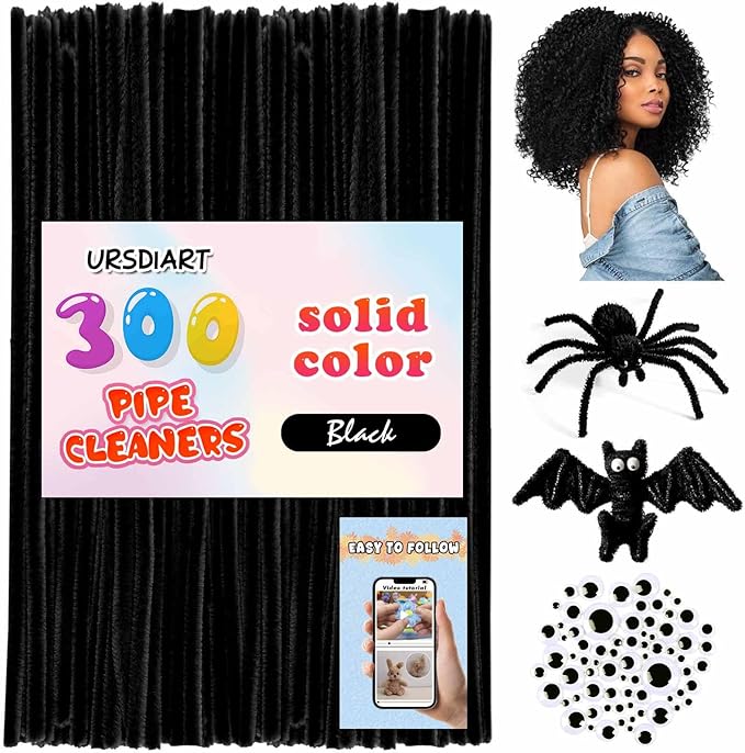 URSDIART (350pcs/Set) Black Pipe Cleaners and Craft Wiggle Eyes, Halloween Pipe Cleaners Bulk Chenille Stems Black for Locs, 12 Inch Pipe Cleaners Black for DIY Art Decorations Creative Craft