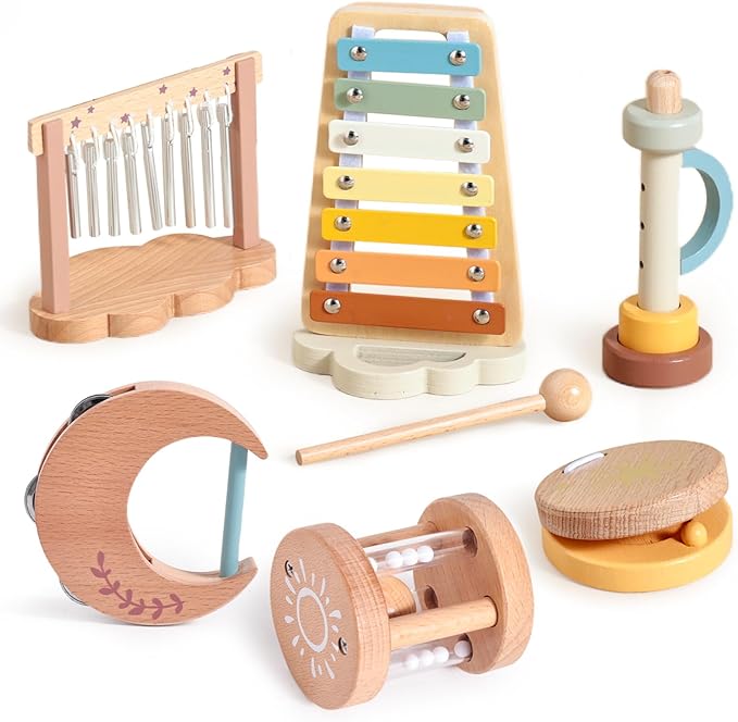 Baby Musical Instruments-Montessori Wooden Musical Toys for Toddlers | Modern Boho Kids Musical Instruments | Wooden Percussion Instruments Set Toys with Xylophone Birthday Gift