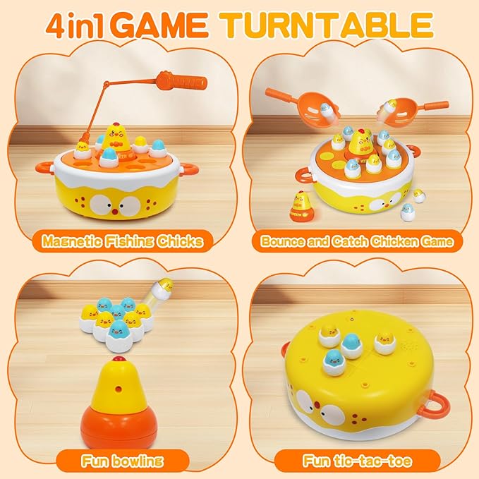 4 in 1 Toys for Ages 5-7, Bounce and Catch Chicken Games, Rotating Board Games for Kids 4-6, Fishing Game Magnetic,Toddler Toys Bowling, Family Games for Kids and Adults