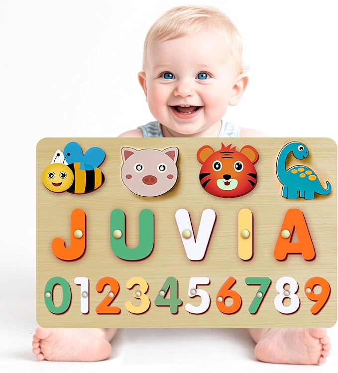 Custom Name Puzzles for Toddlers 1-3 - Name Puzzle for Kids, Personalized Wooden Animal Puzzle, Baby Gifts, Baby Shower, Christmas, Newbaby Gift, Gifts for 1 2 3 Years Old (Animal-number-01)