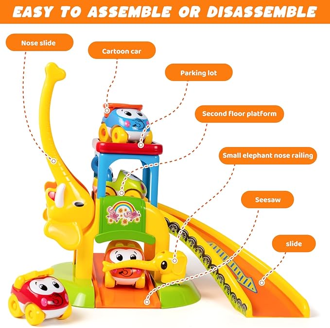 Marstone Toddler Toys for 1 2 Year Old Boys and Girls Gifts: Educational Elephant Slide with 4 Animal Cars Toys for Baby 12-18 Months, First Birthday Present Learning Push Truck Track Ages 1-2