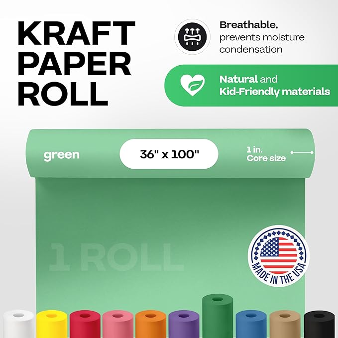 36" x 1200" (100 feet) Green Kraft Paper Roll - USA-Made Quality Craft Paper for Gift Wrapping, Kids' Arts & Crafts, School Projects - 100% Recycled Natural Material 50lb Thickness by IDL Packaging