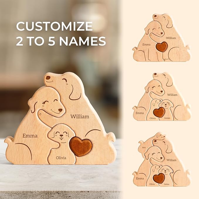 Family Dog Puzzle, Personalized Wooden Puzzles with 2-5 Family Members Names, Perfect Fathers Day Mothers Day Birthday Anniversary Wedding Gifts for Women Men