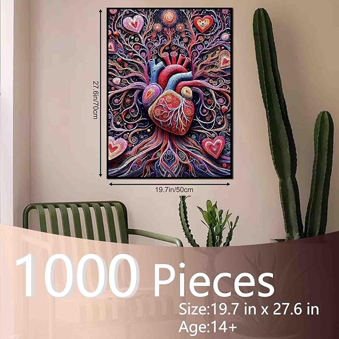 Human Anatomy 1000 Piece Jigsaw Puzzles for Adult Anatomical Human Heart with Leaves Painting Jigsaw PuzzleMechanical Heart 1000 Pieces Puzzles Game Wall Decor DIY Craft Puzzle Art Gift(Colorful)