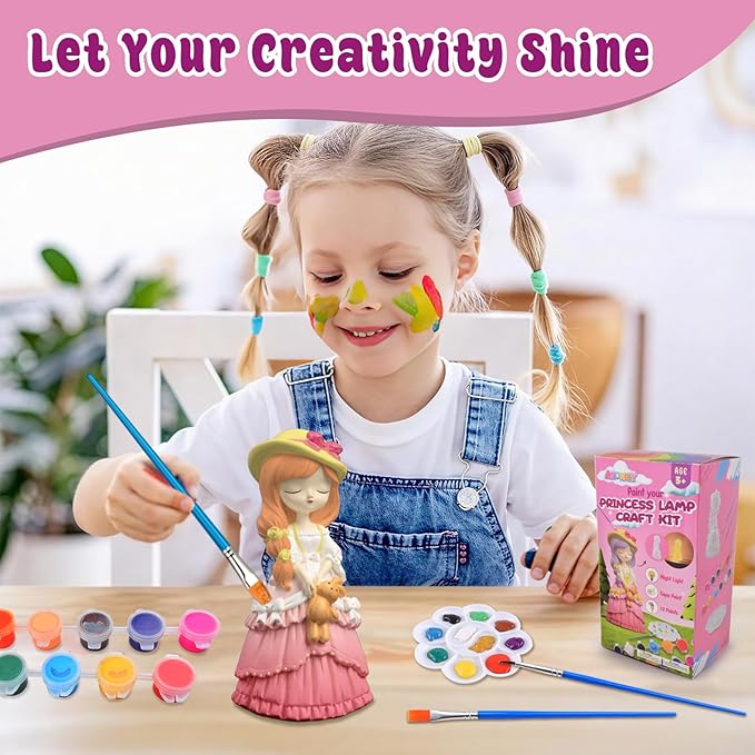 ASIOWELY Paint Your Own Princess Girls Lamp Kits,Arts and Crafts Supplies for Kids Toys Ages 4-6-8,DIY Art Night Light Painting for Girl Ages 5-10,Birthday Gifts for 3-12+ Year Old Toddler Teens Adult