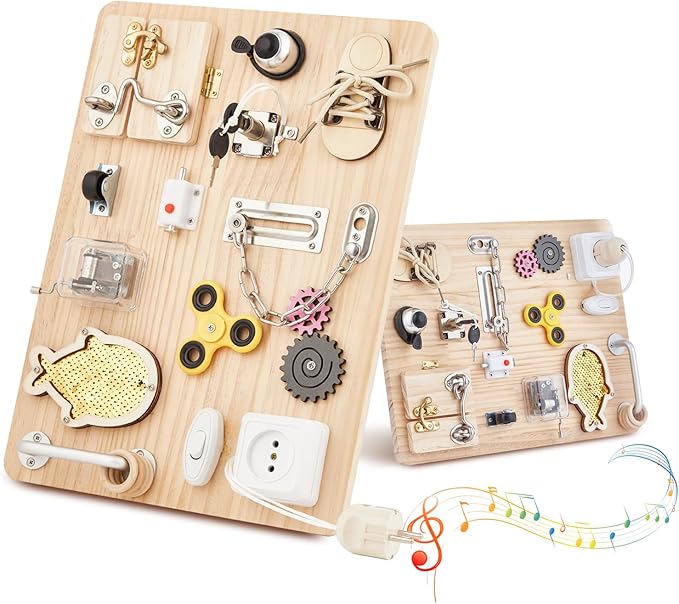 Wooden Montessori Large Busy Board for 1 2 3 4 Year Old, Sensory Activity Busy Board for Toddler Kids Baby Boys Girls, Travel Educational Toy for ADHD & Autistic Children