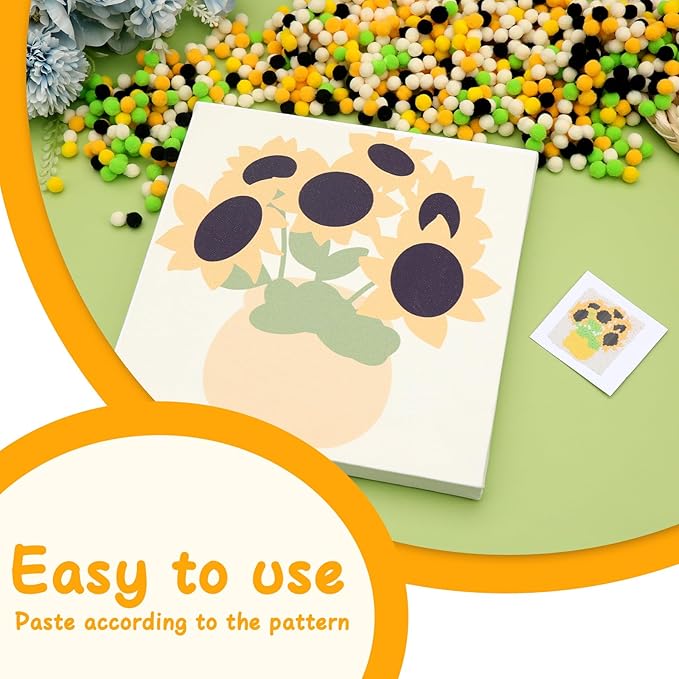 Pom Pom Painting Art Kit for Beginners, Perfect Craft Projects for Adults, Colorful Pom Poms and Supplies Included, DIY Pom Pom Painting on Paint Canvas(Sunflower)