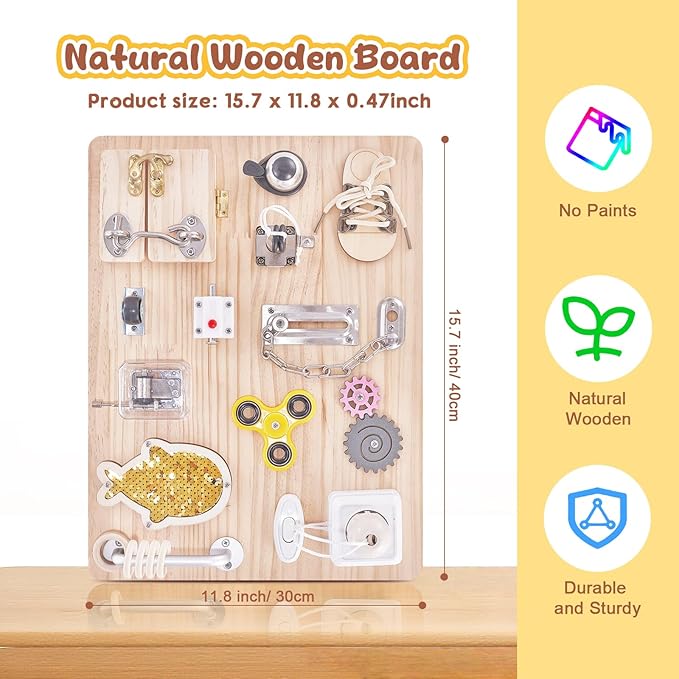 Wooden Montessori Large Busy Board for 1 2 3 4 Year Old, Sensory Activity Busy Board for Toddler Kids Baby Boys Girls, Travel Educational Toy for ADHD & Autistic Children