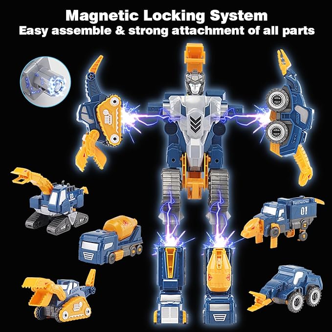 Construction Trucks Toy Dinosaur Vehicles Magnetic Set, 5-in-1 Educational STEM Building Car Kit, Transform to Big Robot, Holiday Birthday Present for Toddler Kid 3 4 5 6 7 Year Old Boys Girls