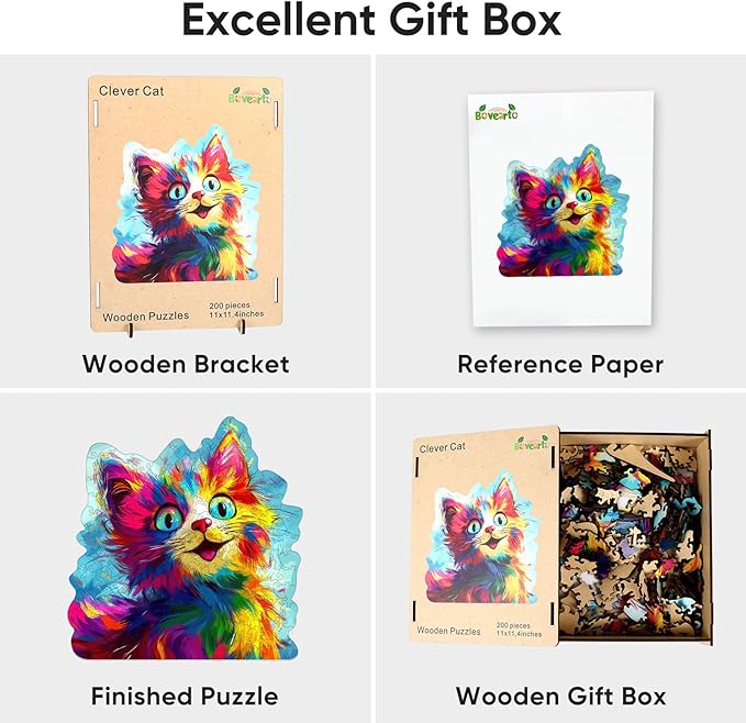 Wooden Puzzles for Adults, 200 Pieces Clever Cat Wooden Jigsaw Puzzles, Animal Unique Shaped Puzzle Gifts for Adults and Kids on Birthday, Thanksgiving, Family Puzzle Games (11'' x 11.4'')