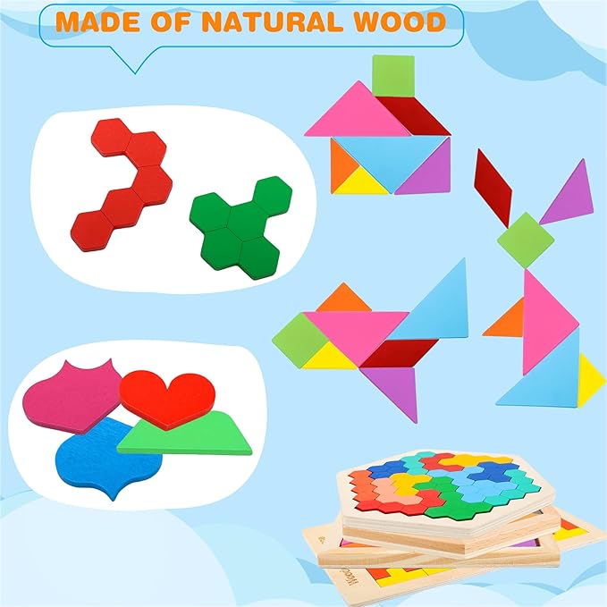 5 Pack Wooden Tangrams Puzzle Set Wooden Hexagon Puzzle Wood Russian Blocks Tangram Puzzle Brain Teaser Puzzles for Kids Adults 3D Logic Intelligence IQ Game Gift