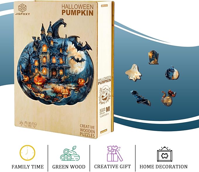 Jigfoxy Wooden Puzzles for Adults, Halloween Pumpkin Wood Puzzles Adult, Unique Animal Shape Wooden Jigsaw Puzzles for Adults, for Puzzle Lovers, Family (M-11.4 * 10.6in-200pcs)