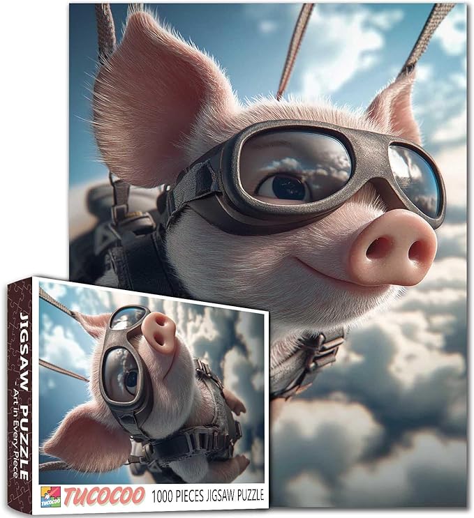 Cute Piglet Wearing Goggles 1000 Pieces Adult Jigsaw Puzzle,Animal Skydiving Fun Brain Puzzle Lovers Vibrant Illustrations and Quality Pieces Challenging and Relaxing Great Gift Idea