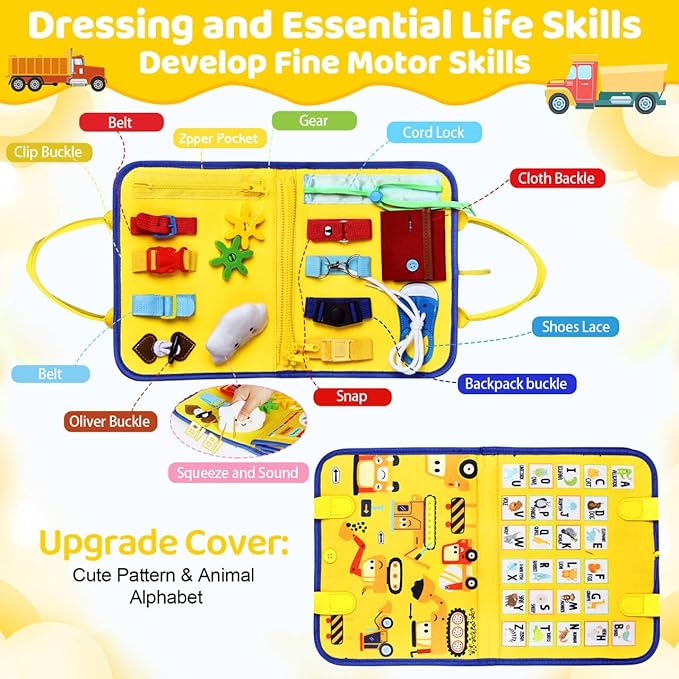 Esjay Toddler Busy Board Montessori Toys for Boys Girls, Sensory Board Educational Activities for Learning Fine Motor Skills, Birthday Gifts for Toddlers, Travel Toys for Airplane Car, Yellow Truck