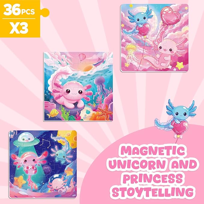 Magnetic Jigsaw Puzzles for Toddlers Kids 3-8 Girls,(3 36-Pieces) Travel Puzzles Toys for Kids Ages 4-6,Take-Along Car Airplane Road Trip Activities Game for 3 4 5 6 7 8 Year Old Birthday Gift,Axolotl