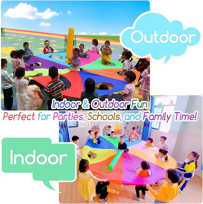 10 FT Rainbow Play Parachute Mole Game with 9 Holes, Indoor/Outdoor Fun for Kids, Families, Schools, Includes 3 Inflatable Sticks & 1 Pump, Perfect for Team Building, Group Activities