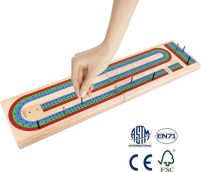 GOTHINK Cribbage Board Game Set w/Storage - 9 Metal Pegs, 2 Decks of Playing Cards, 3-Track Folding Wooden Board Games for Adults & Kids - 2-4 Player Games - Ideal for Family Game Night, Travel