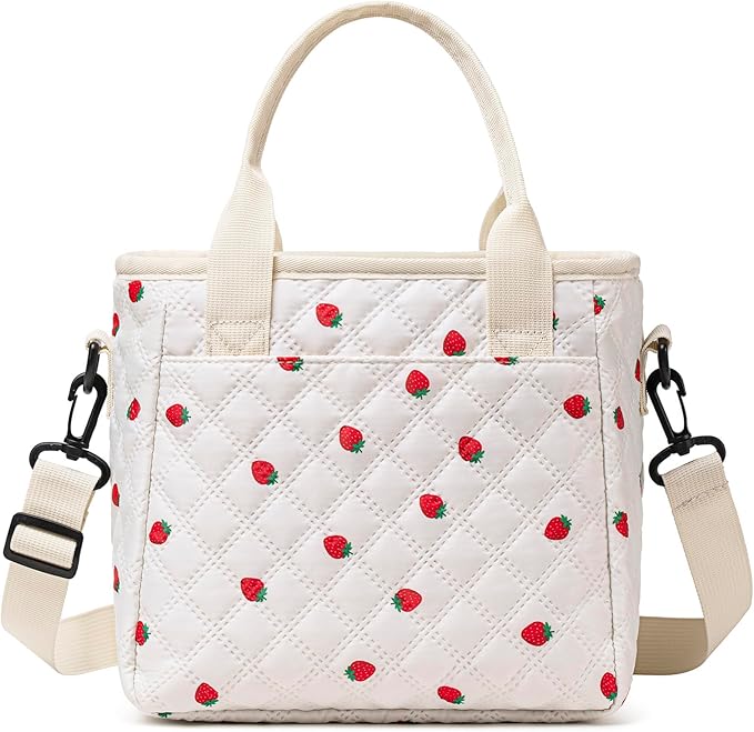 TuErCao Cute Stylish Strawberry-Print Insulated Lunch Bag for Women Kids, Ultrasonic SoftTouch LunchBox for School, Office, Picnic, Grocery Shopping, Lightweight Small Lunch Bag with Adjustable Strap