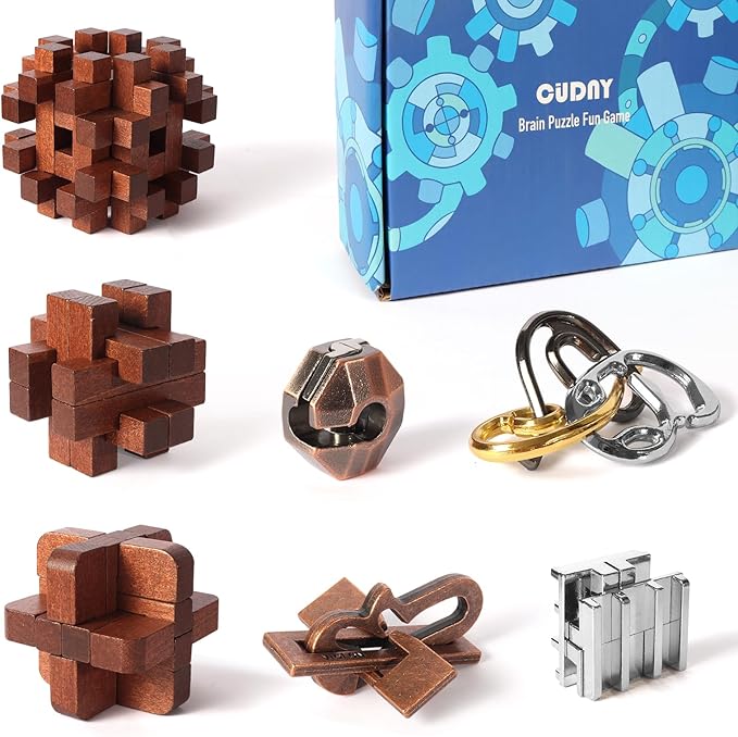7 Pieces Cool Unlock Interlock Brain Teaser Puzzles Retro Wooden and Metal Puzzles IQ Logic Fun Puzzle Box Challenge Game