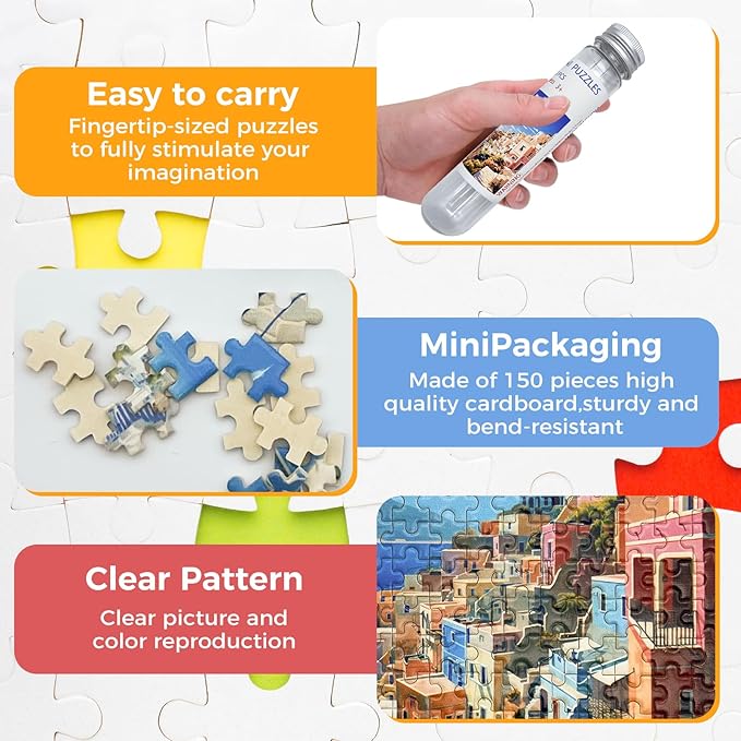 150 Pieces Mini Jigsaw Puzzles for Adults & Kids,6 x 4 Inches,Mini Puzzles,Travel Puzzle,Small Micro Puzzles,Challenging Difficult Puzzle,3 Pack Aegean Sea Santorini