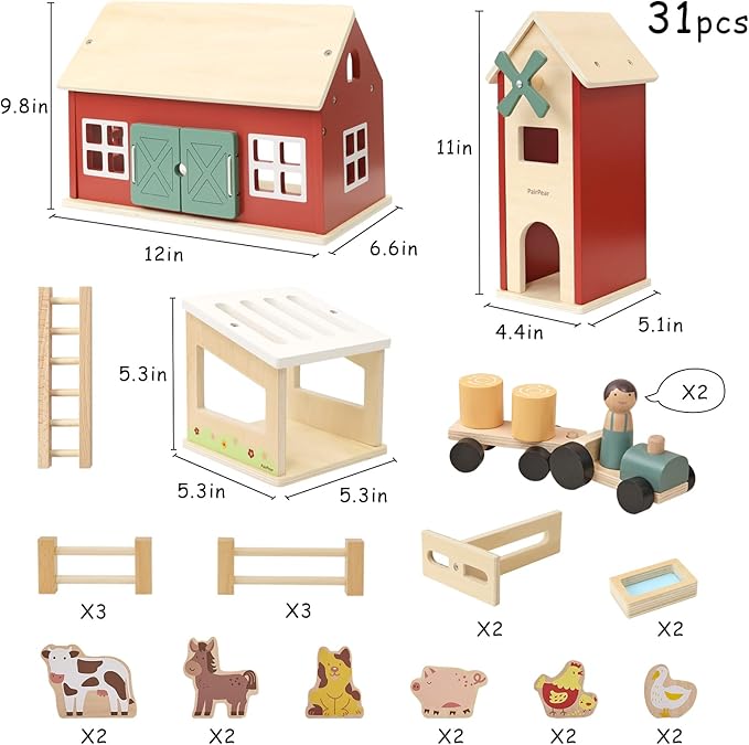 PairPear Wooden Barn & Tractor Farm Playset, 31 Piece Pretend Farm Animal Toy Set with Barn, Tractor & Trailer, Montessori Learning Gift for Toddlers Ages 3+