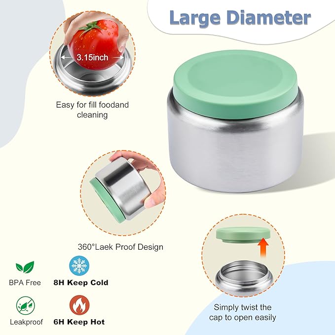 MAISON HUIS Kids Bento Box Set - Includes 8oz Soup Thermo, Insulated Lunch Bag & 17oz Stainless Steel Water Bottle, 5-Compartment Bento Box with Built-In Ice Pack, Leak-Proof & BPA-Free(Green)