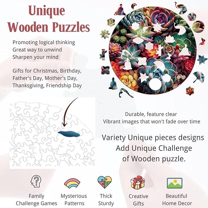 Wooden Puzzles for Adults, Mandala Succulent Plants 244 Pieces Wooden Jigsaw Puzzle, Perfect for Family Game Nights, Unique Shape Best Gift 11.8 * 11.8in, Large