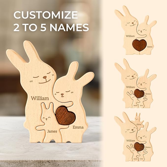 Bunny Family Puzzle, Personalized Wooden Puzzles with 2–5 Names, Easter Gifts for Kids, Rabbit Toys Easter Anniversary Wedding Gifts for Women Men Family Couple