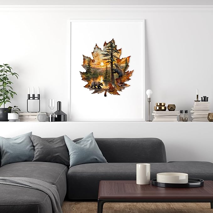 Wooden Puzzles for Adults, Wooden Jigsaw Puzzles for Adults, Brown Bear Autumn Maple Leaf Unique Shaped Wood Puzzles Adult, Creative Gifts for Friends Family Game, Home Decor (11.4 * 10.6in 155pcs)