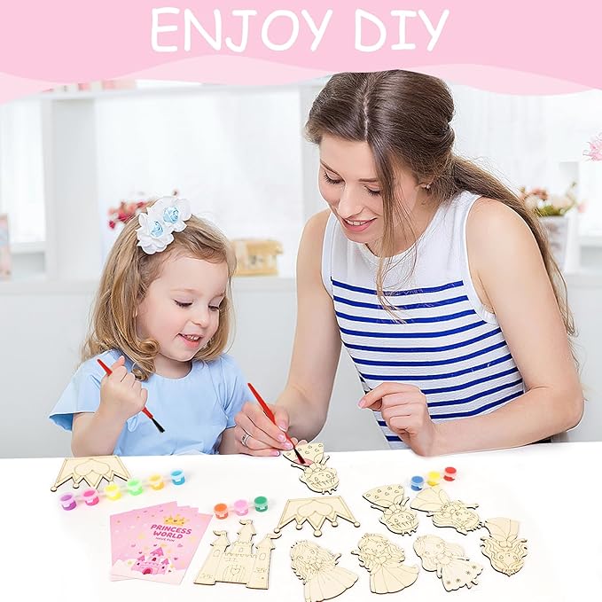 LARDUX Princess Party Favors, 24PCS DIY Wooden Arts & Crafts Painting Kit for Kids, Glow in The Dark Party Favors Family Crafts Birthday Party Christmas Gifts Toys for Boys Girls