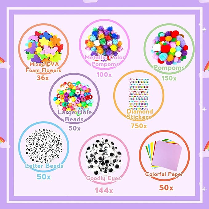 Arts and Crafts Supplies for Kids - 2000Pc Craft Kit with Pipe Cleaners DIY Craft Kit for Kids Art School Supply Materials Set All in Crafting Box Toys Gifts for Girls Boys Age 4 5 6 7 8 9 10 11 & 12
