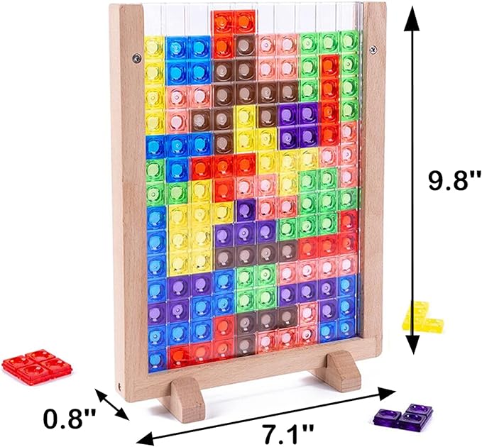 Wooden Blocks Puzzle Brain Teasers Toy, Intelligent Colorful 3D Plastic Blocks Game with Vertical Wood Frame Game Board, Tangram Educational Montessori Toys Gift for Kids Age 4-8 Years Old