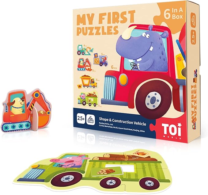 Toi 6 Packs Large Piece Toddler Jigsaw Puzzles for Kids Aged 2.5+, Animal Shaped Floor Puzzles for Beginner, Preschool Learning Game for Boys Girls, Shape Vehicle