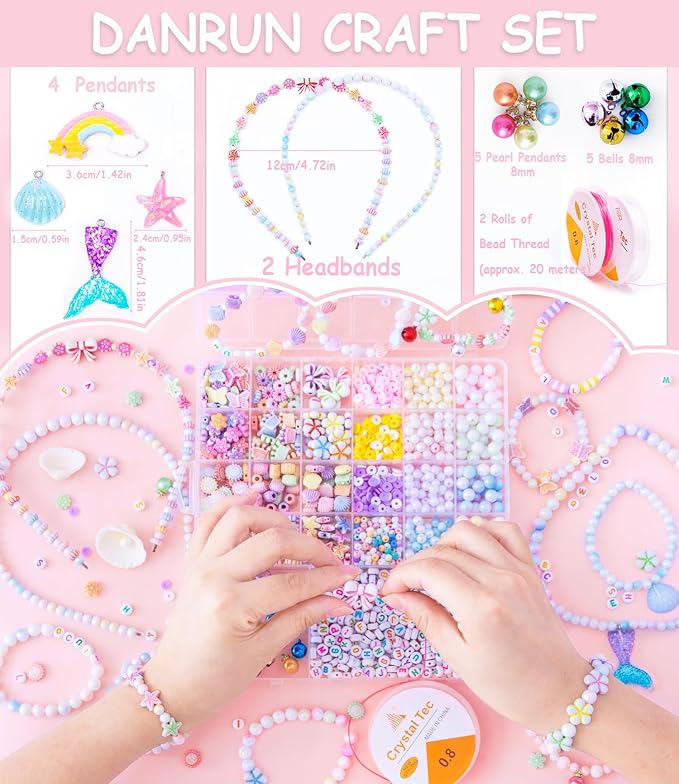 Danrun Bracelet Making Kit for Little Girls, Arts and Crafts for Kids Ages 6-8 for Making Jewelry, Mermaid Birthday Gifts for Girls Ages 5 7 9 10 11 12 - Cute Beads for Kids Toy Jewelry (Pink)
