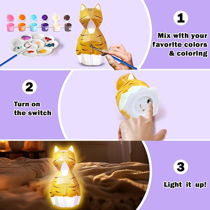 FUNZBO 2pcs Paint Your Own Cat Lamp - Arts and Crafts Supplies Kitten Painting Kits for Kids Teens Adults, DIY Night Light Toy for Toddlers Girls Boys Ages 3 4 5 6 7 8 9 10 11 12 13 + Birthday Gifts