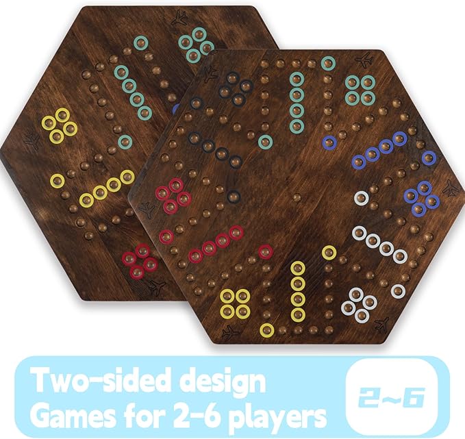 Wahoo Board Game - 23.6 inch Marble Game Board with 24 Glass Marbles and 6 Dice,Solid Wood Double-Sided Game Board for 4 or 6 Players - Family and Party Game